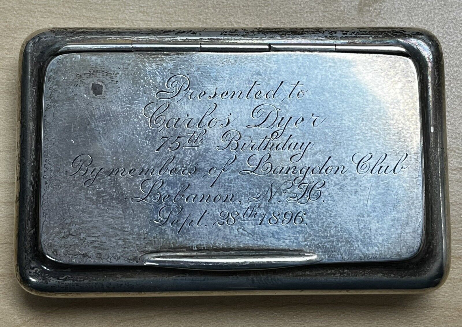 Huge Sterling Silver Snuff Box Langdon Club Lebanon NH 1896 Carlos Dyer 92 Grams