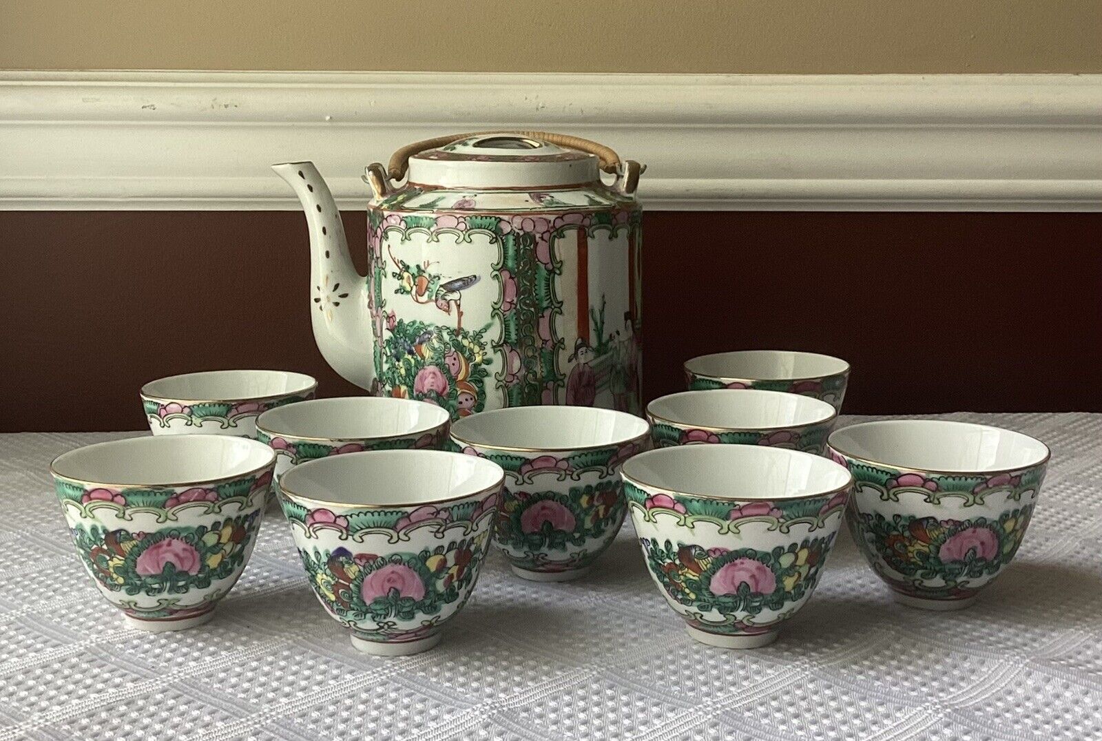Vintage 11-piece Chinese Rose Medallion Porcelain Teapot & 9 Teacups