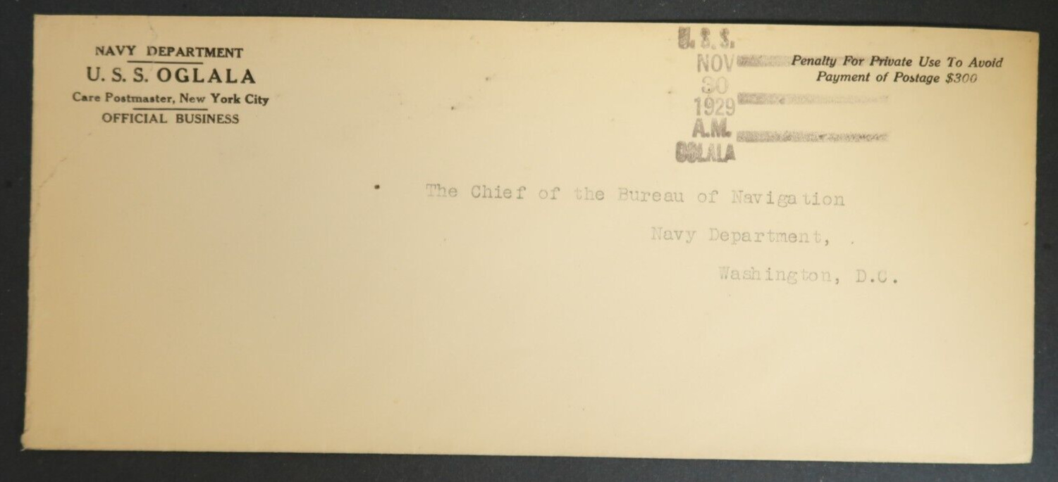 1929 Navy Department USSS Oglala Chief of Bureau Navigation Vintage Envelope