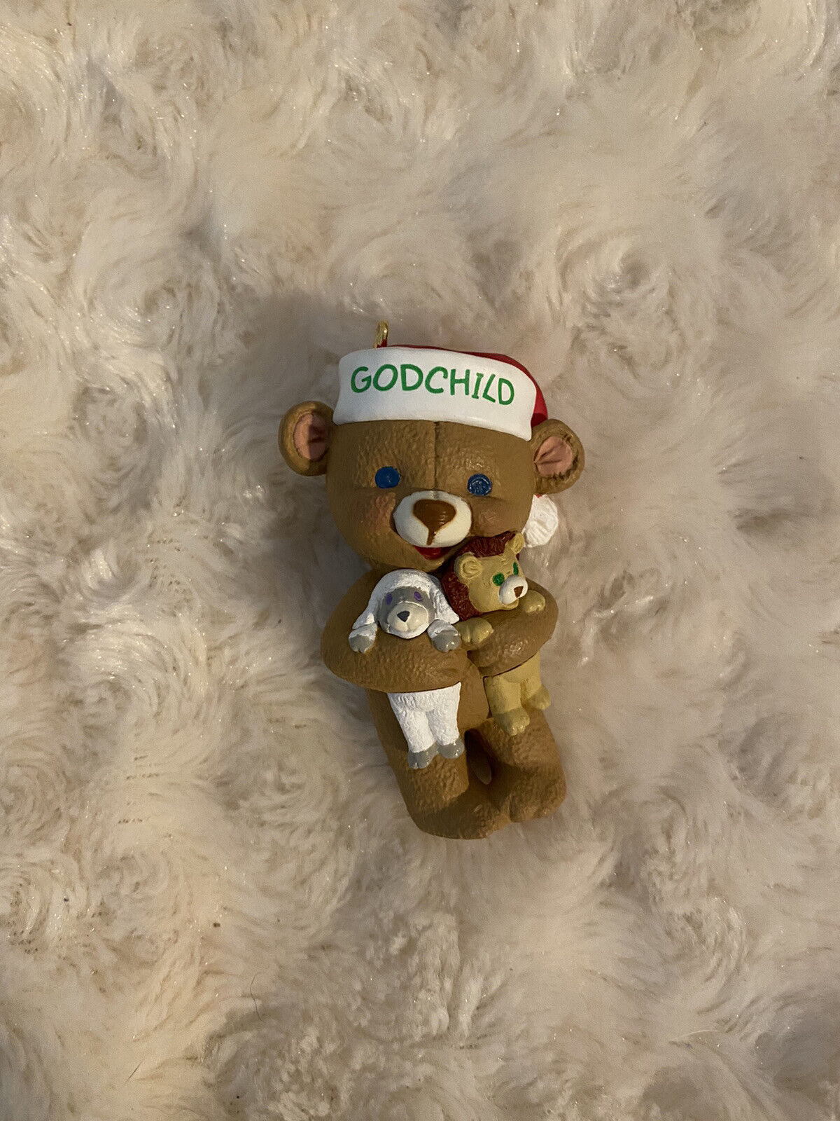 1998 Godchild Teddy Bear Holding Bear & Lamb Vintage Hallmark Keepsake Ornament