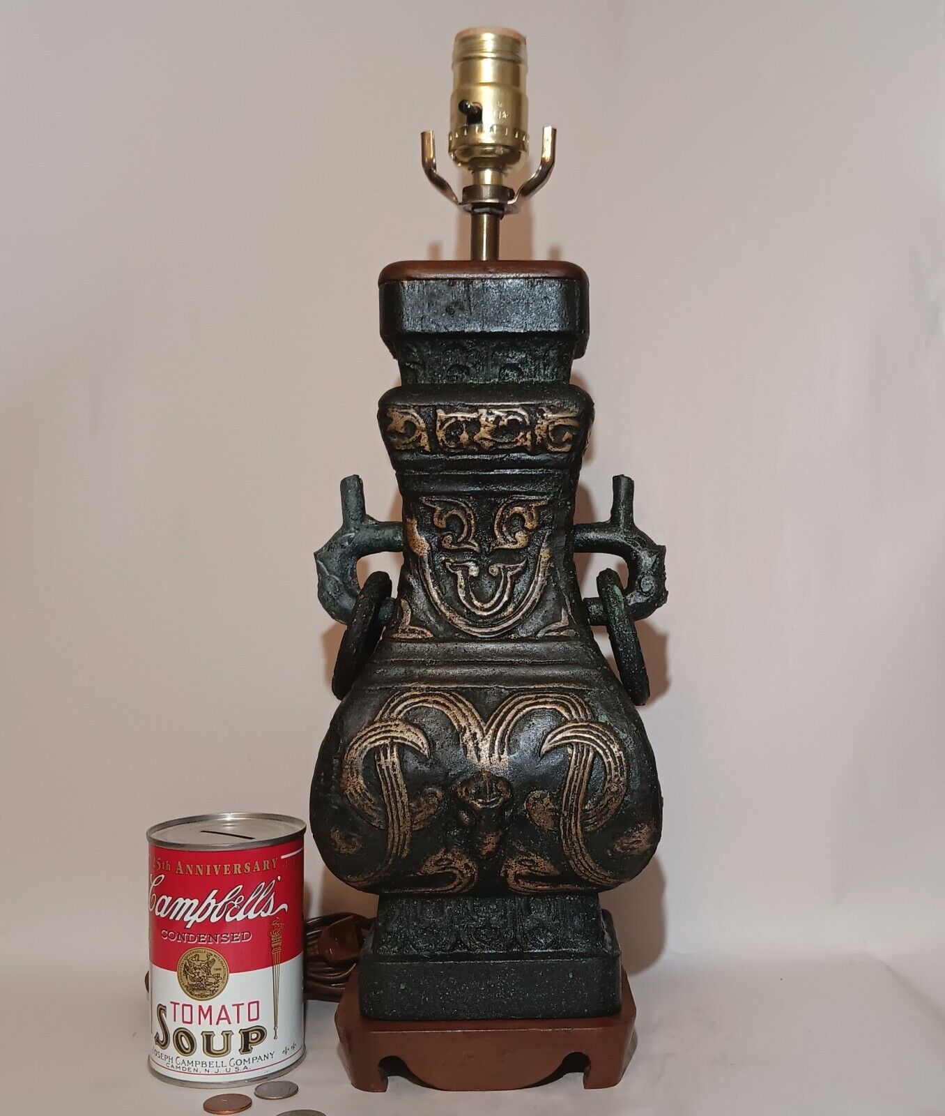 ARCHAIC LAMP vtg chinese bronze urn vase asian table gold sculpture james mont