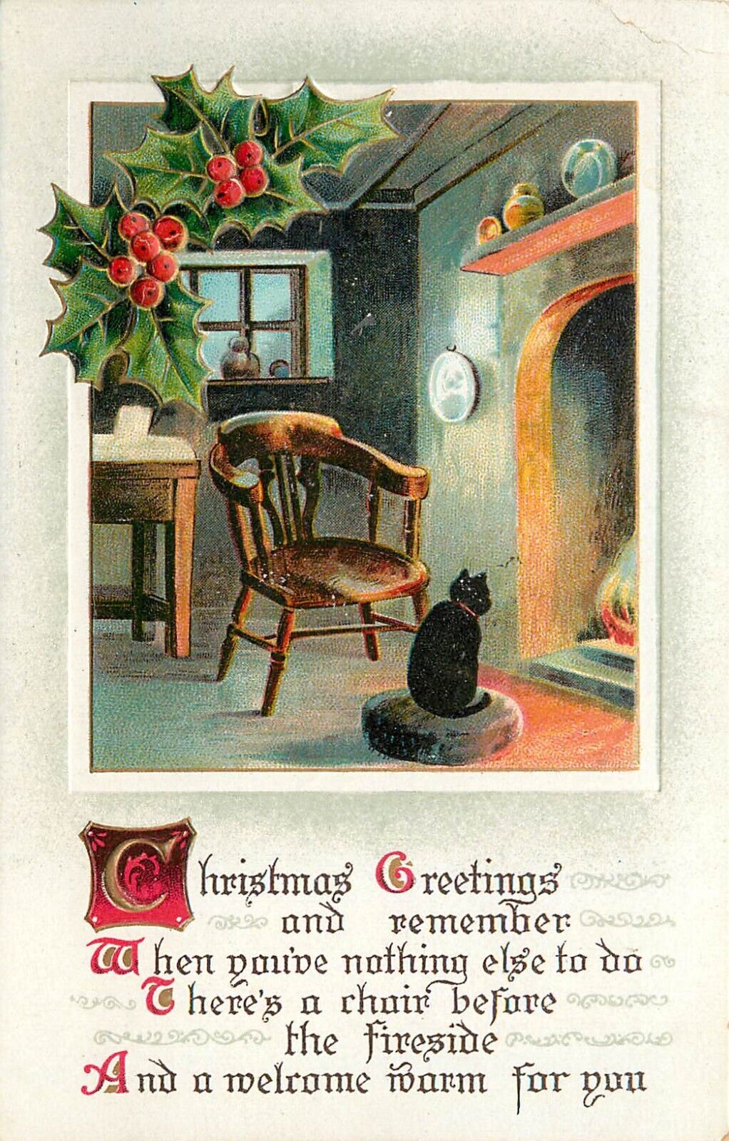 Embossed Christmas Postcard Black Cat Sits in Front Of Fireplace BB London X40