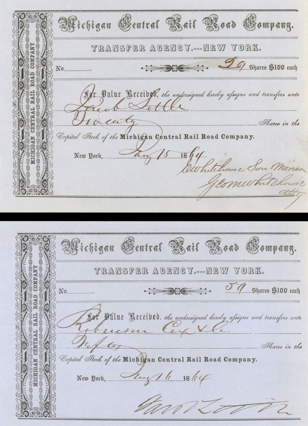 Michigan Central Rail Road Co. Issued to and Signed by Jacob Little - Pair of Tr