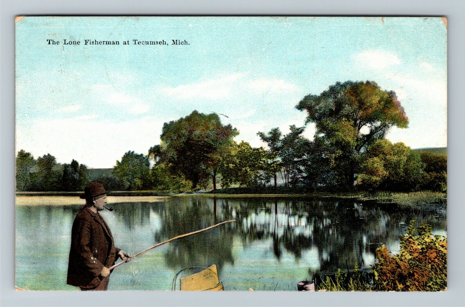 Tecumseh MI, The Lone Fisherman, c1909 Michigan Vintage Postcard