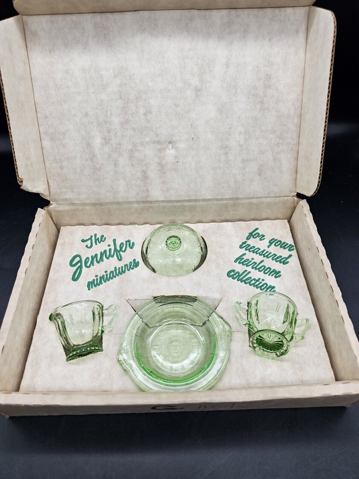 Vintage Mosser Miniature Glass Jennifer Green Glass Set Butter Creme Sugar