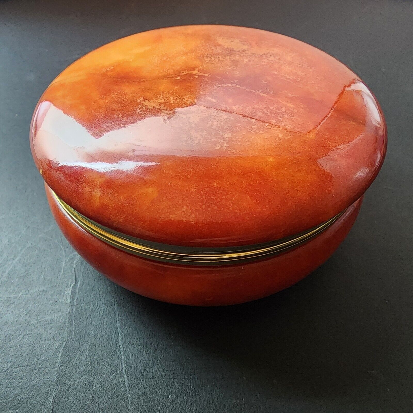 Vintage Italian Alabaster Round Box, Beautiful Red Orange