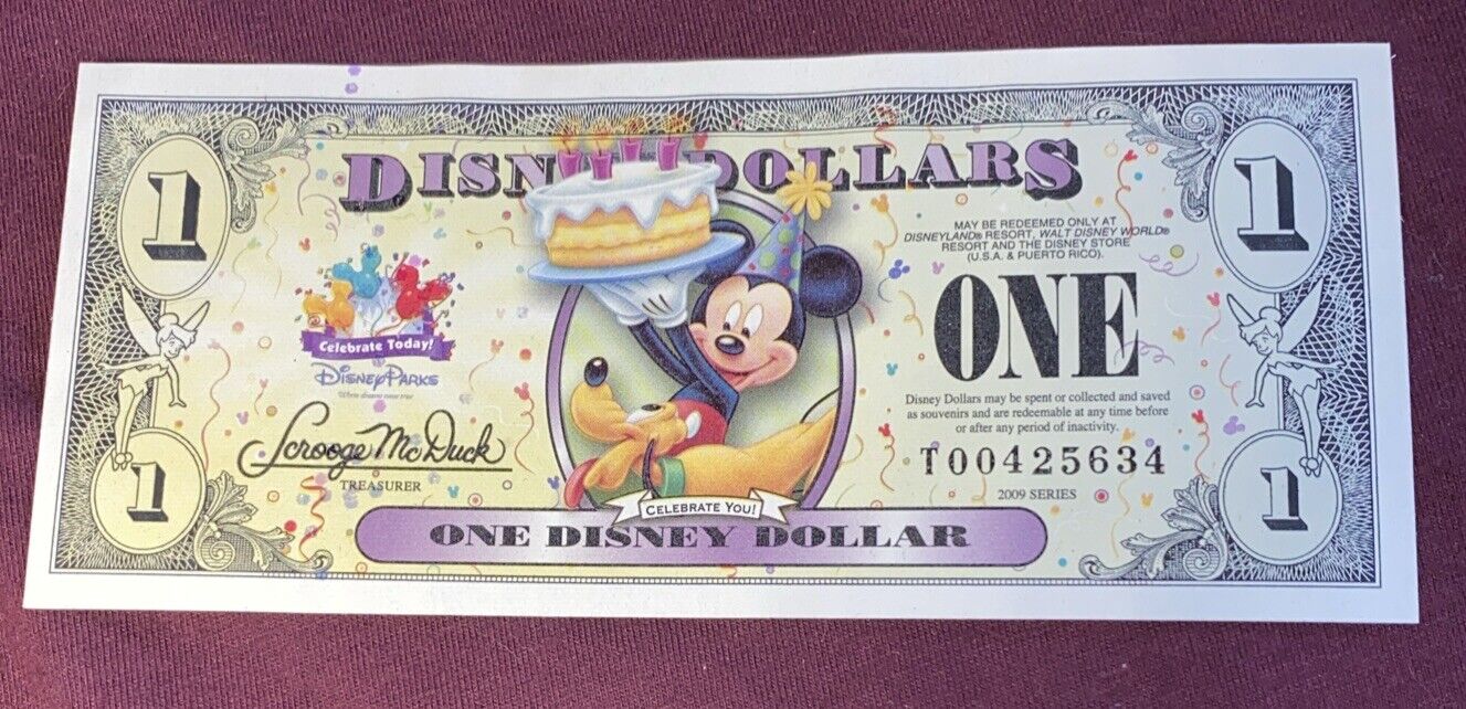 2009-T Block. $1 Disney Dollars. Mickey And Pluto Disney Store. CU. From Orig Pk