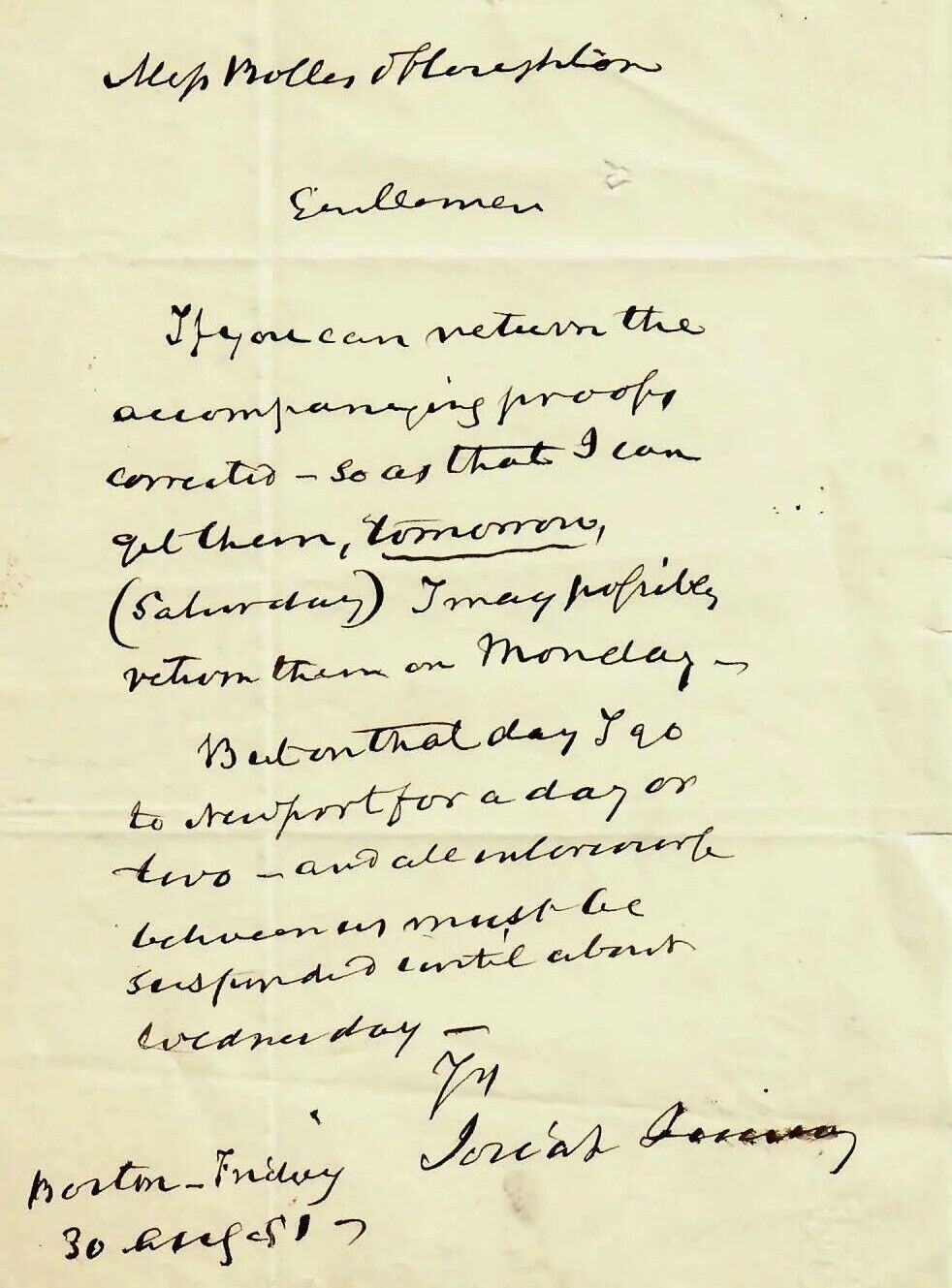 RARE “Mayor of Boston” Josiah Quincy IV Hand Written Letter COA