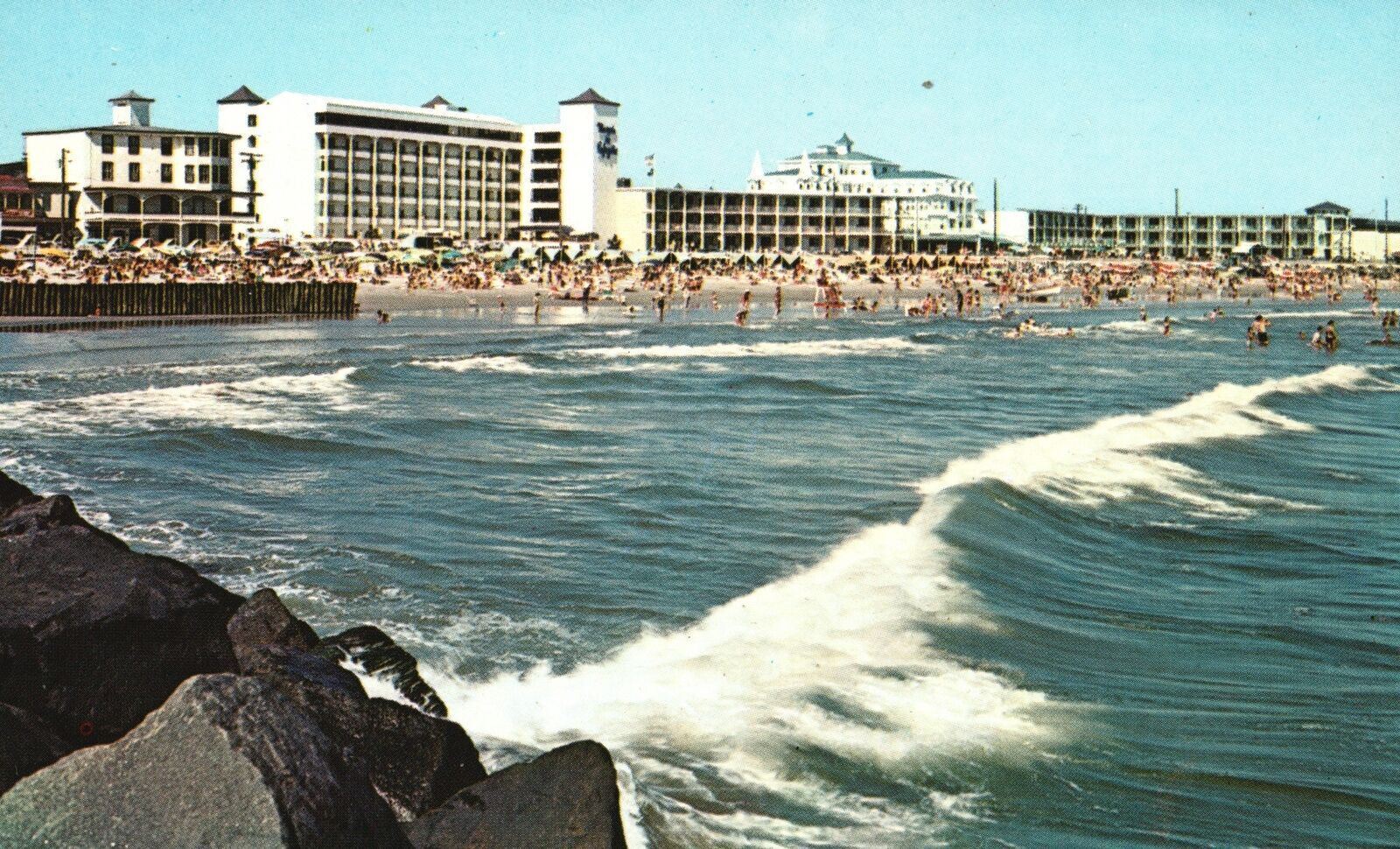 Vintage Postcard Surfing Wave Crowd At The Beach Bathing Cape May New Jersey NJ