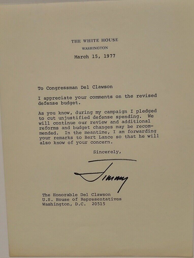 Jimmy Carter Signed White House Letter 1977 To Congressman Del Clawson Autograph