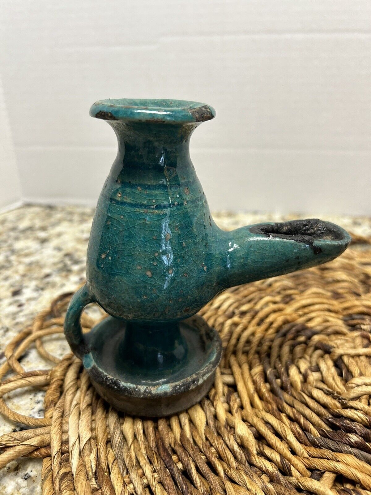 Vintage Antique Islamic Turquoise Teal Glazed Pottery Oil Lamp