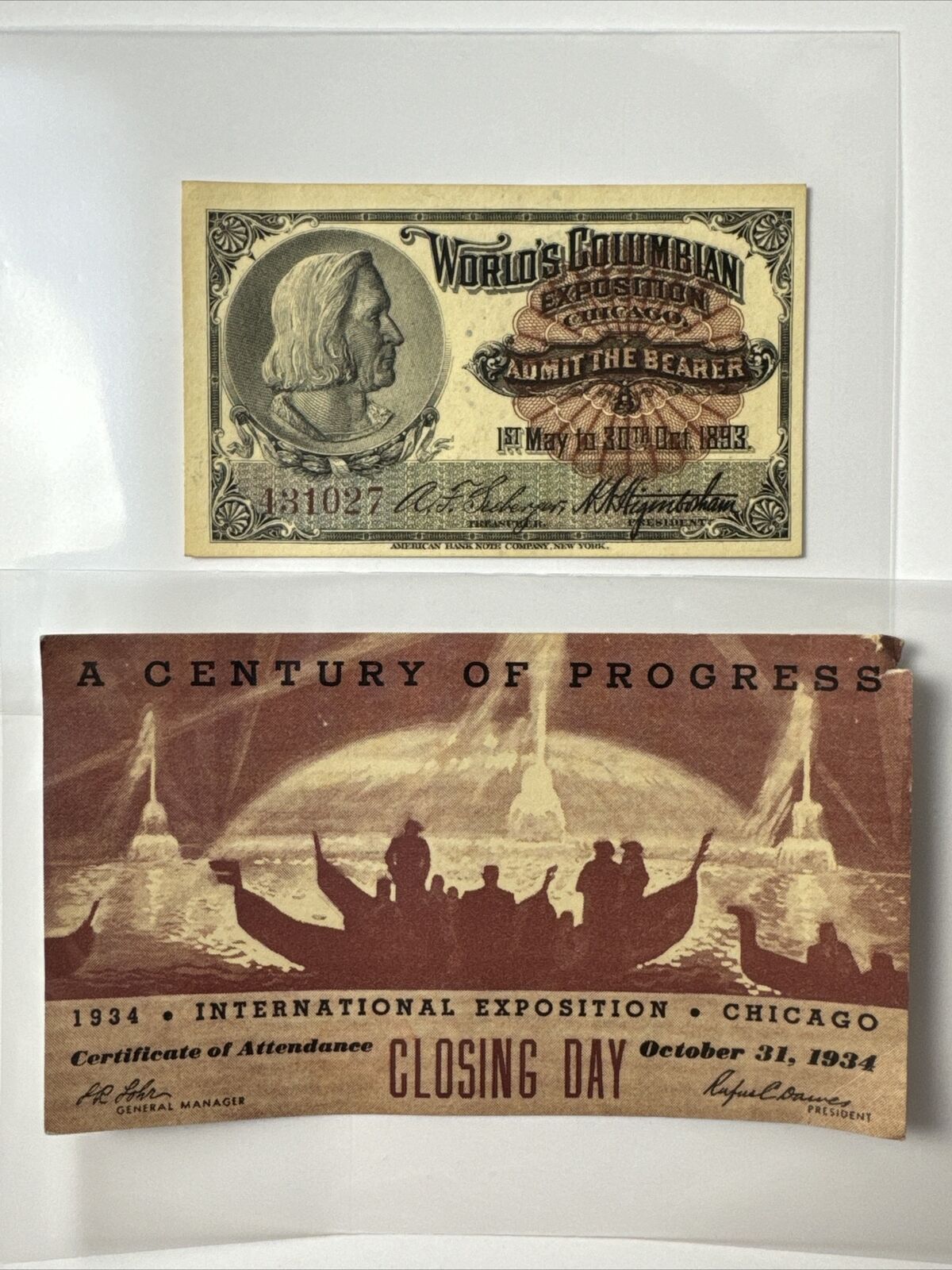 Lot of 2 - 1893 World\'s Columbian Exposition Ticket Chicago, Columbus Portrait