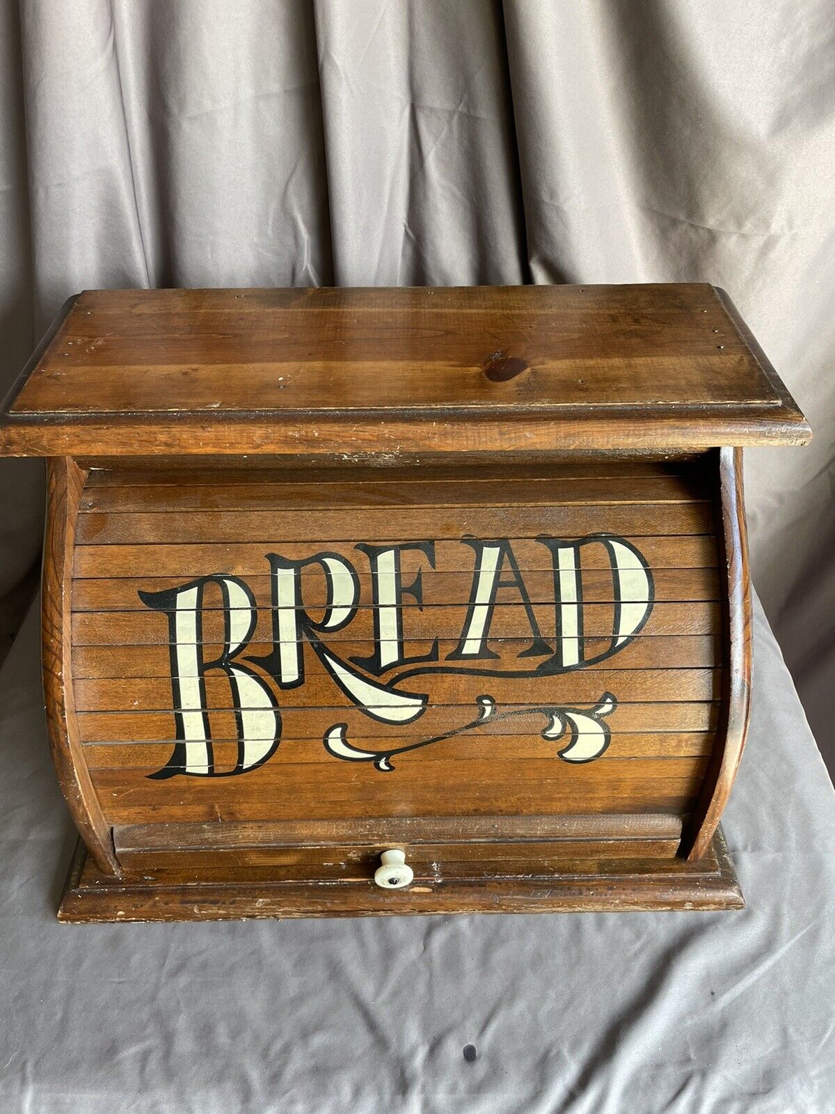 Vintage Country Wood Roll Top Door Bread Box Keeper Farmhouse Rustic