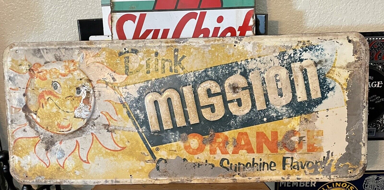 1930’s RARE DRINK MISSION ORANGE California Sunshine Flavor Embossed Metal Sign