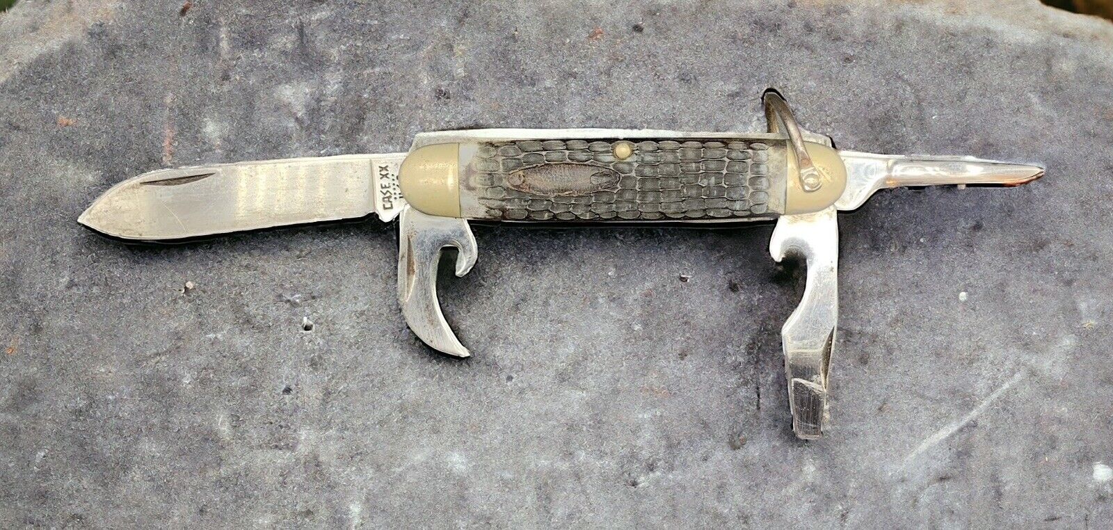 Vintage Case XX Scout Camp Pocket Knife 4 Multi Tool 4” Wood Carved