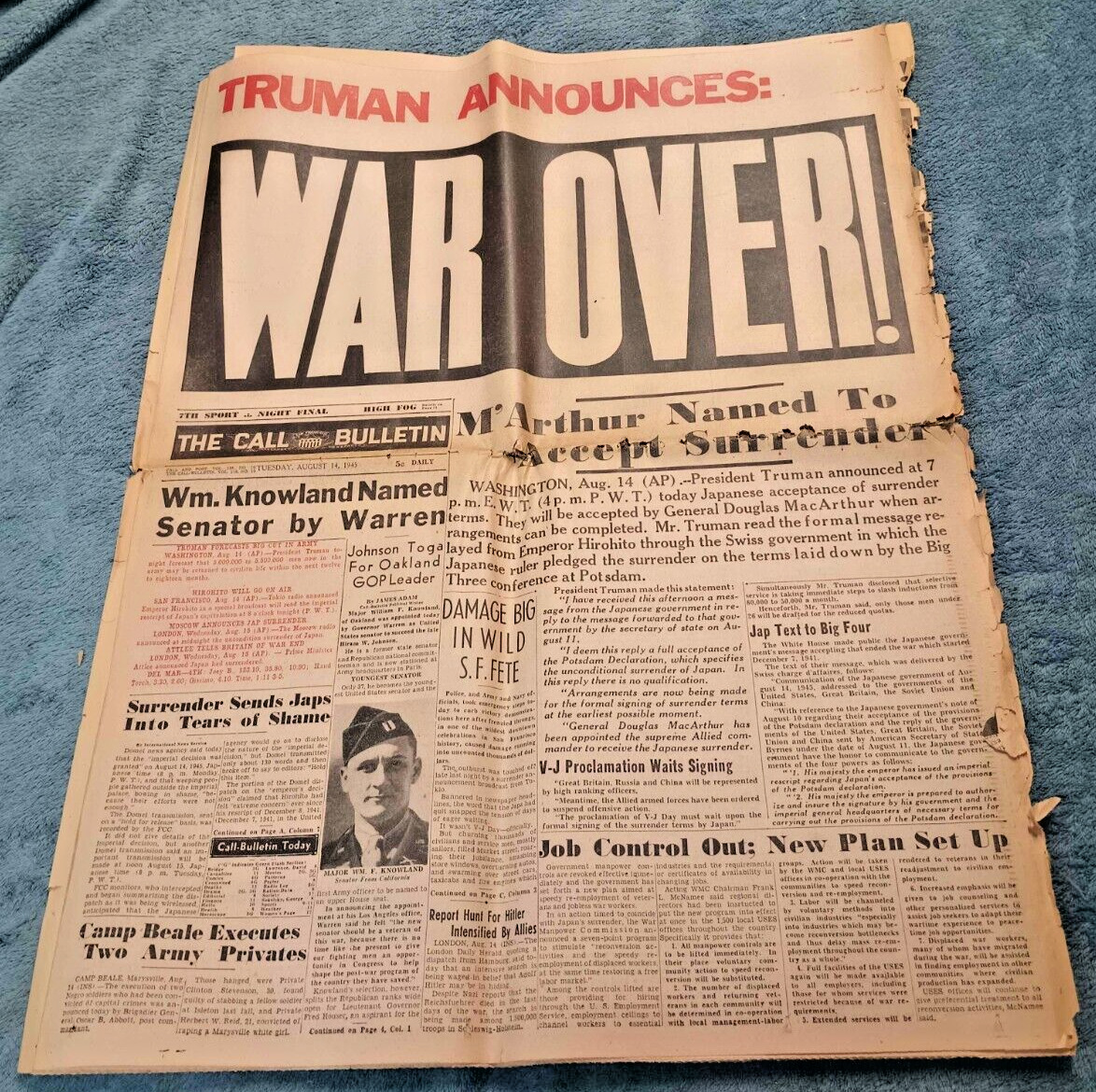 VINTAGE NEWSPAPER, TRUMAN ANNOUNCES: WAR OVER The Call Bulletin, Aug 14, 1945