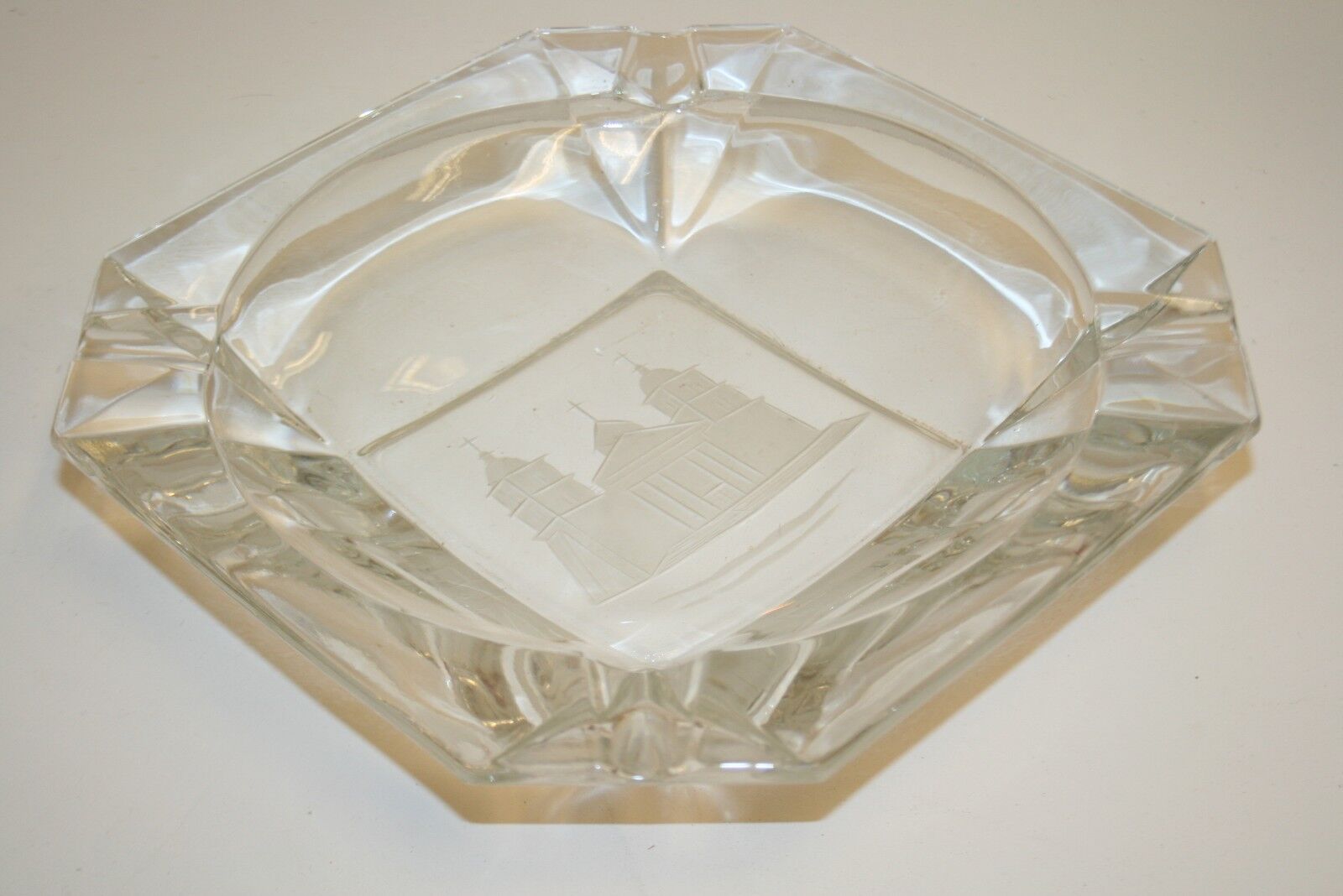 WOW Vintage Large Thick Solid Glass Spanish Church Etched Cigarette Ashtray Rare