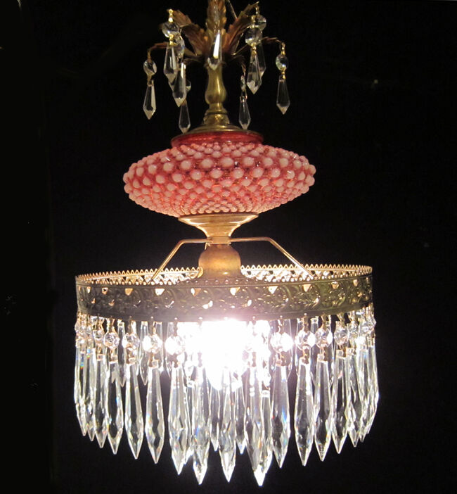 Vintage Brass tole Cake Fenton Cranberry Art Glass Crystal SWAG Lamp Chandelier 