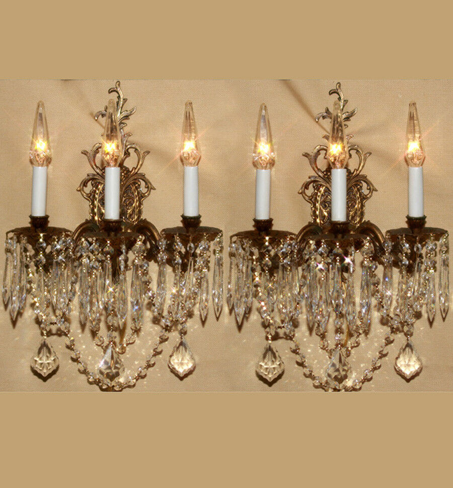 Pair old Vintage Gilt gilt Bronze Brass Crystal lamp Sconces ROCOCO French Spain