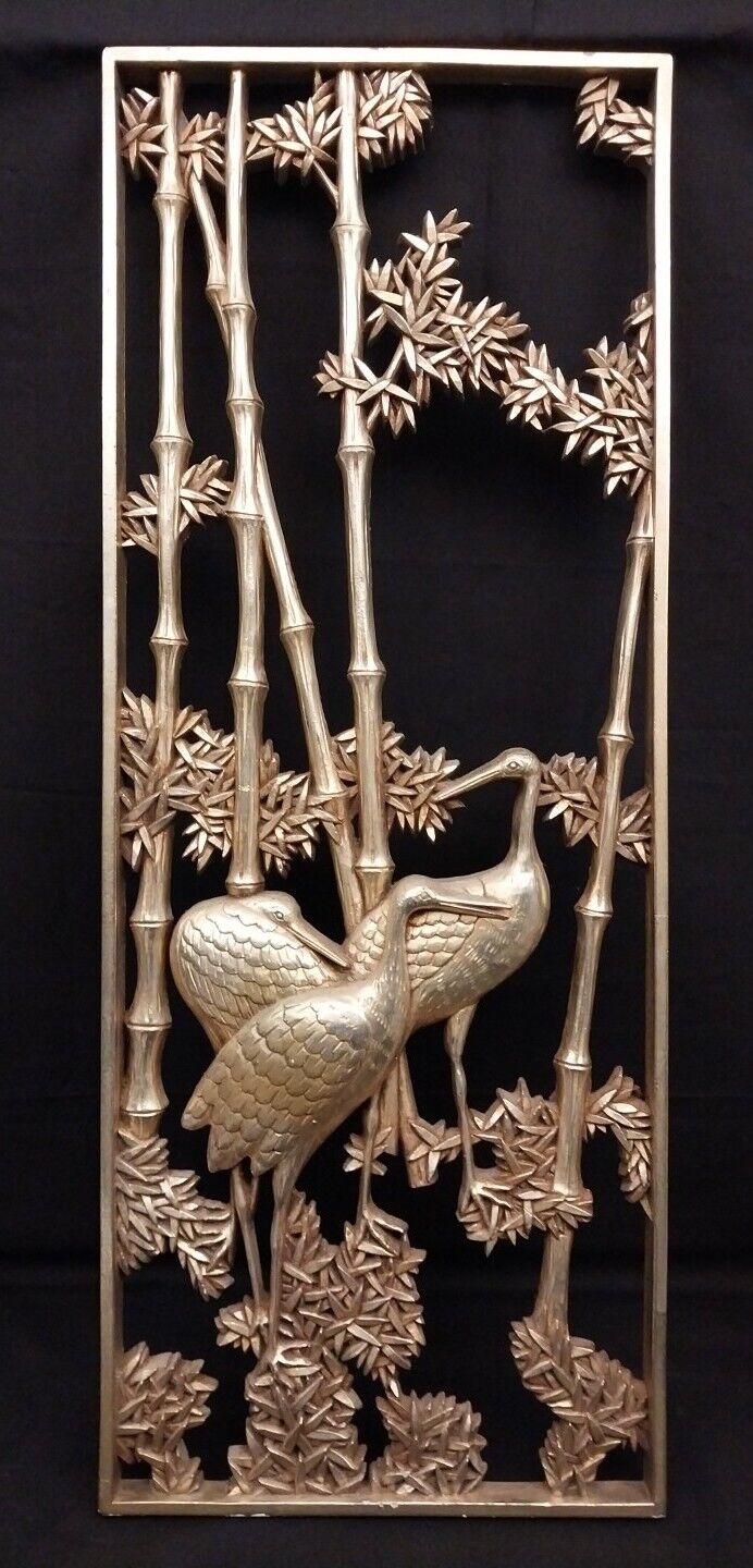 VTG Asian Reticulated Birds & Bamboo Wall Art - Shiny Gold 27.5\