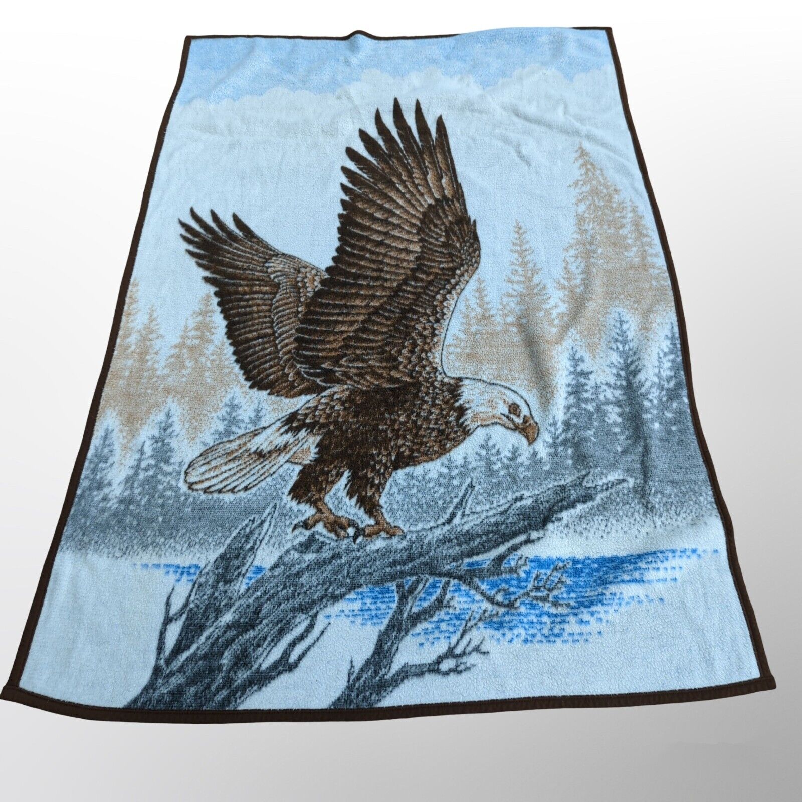 Vintage Biederlack Blanket 52x76 USA Made Eagle America Tan Blue Brown