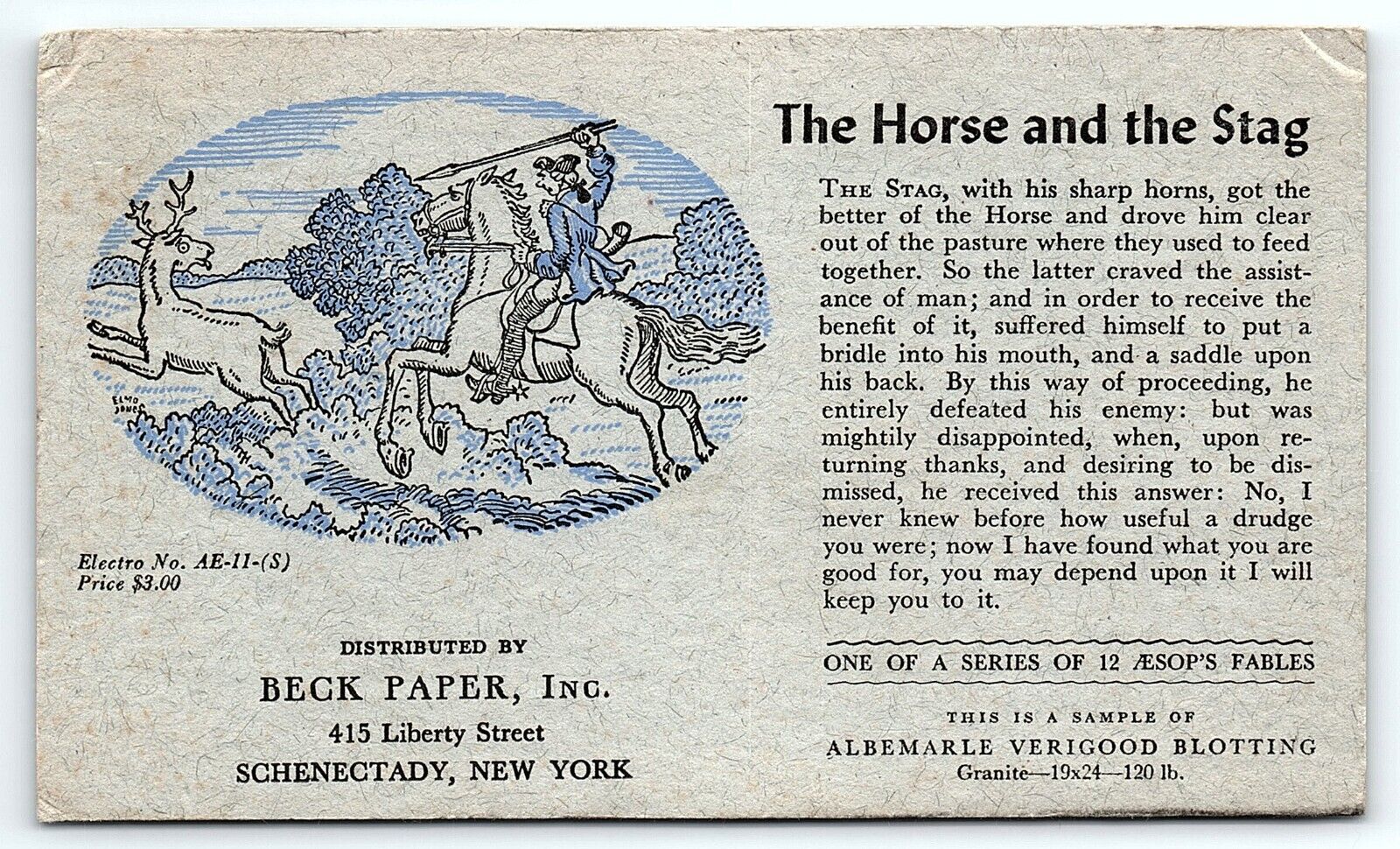 c1920 SCHENECTADY NY BECK PAPER THE HORSE AND THE STAG AD INK BLOTTER Z1466