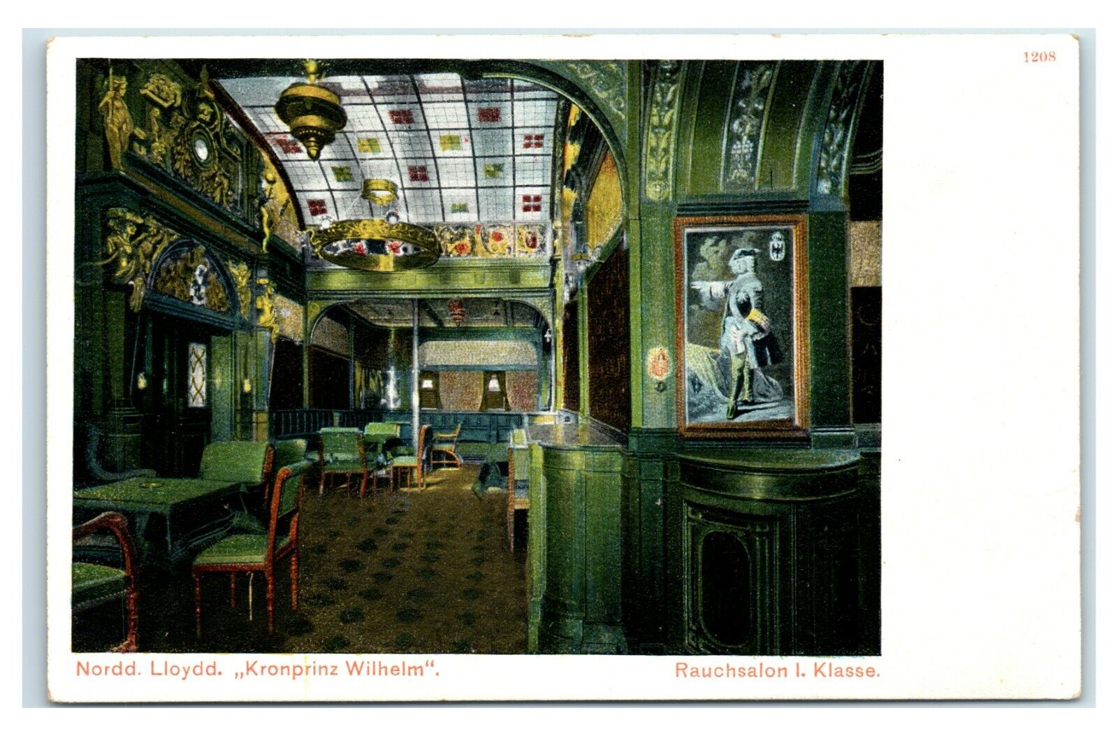 Postcard Nordd Lloyd Kronprinz Wilhelm #1208 interior green U4