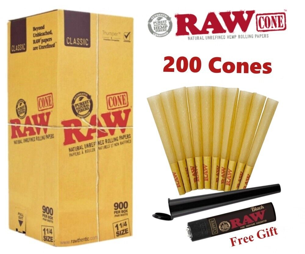 Authentic RAW Classic 1 1/4 Size Pre-Rolled Cone 200 Pack & Free Clipper Lighter