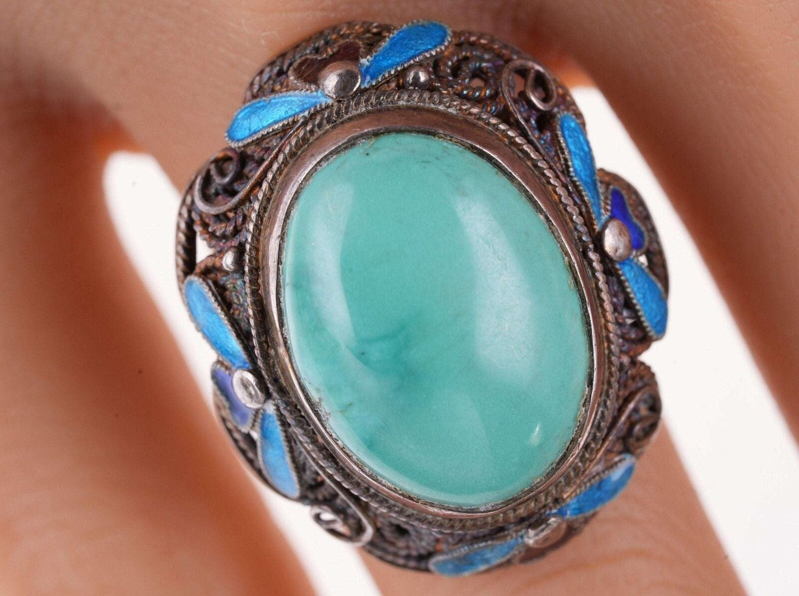 Sz7 Vintage Chinese Turquoise Filigree Sterling Silver Enamel Ring