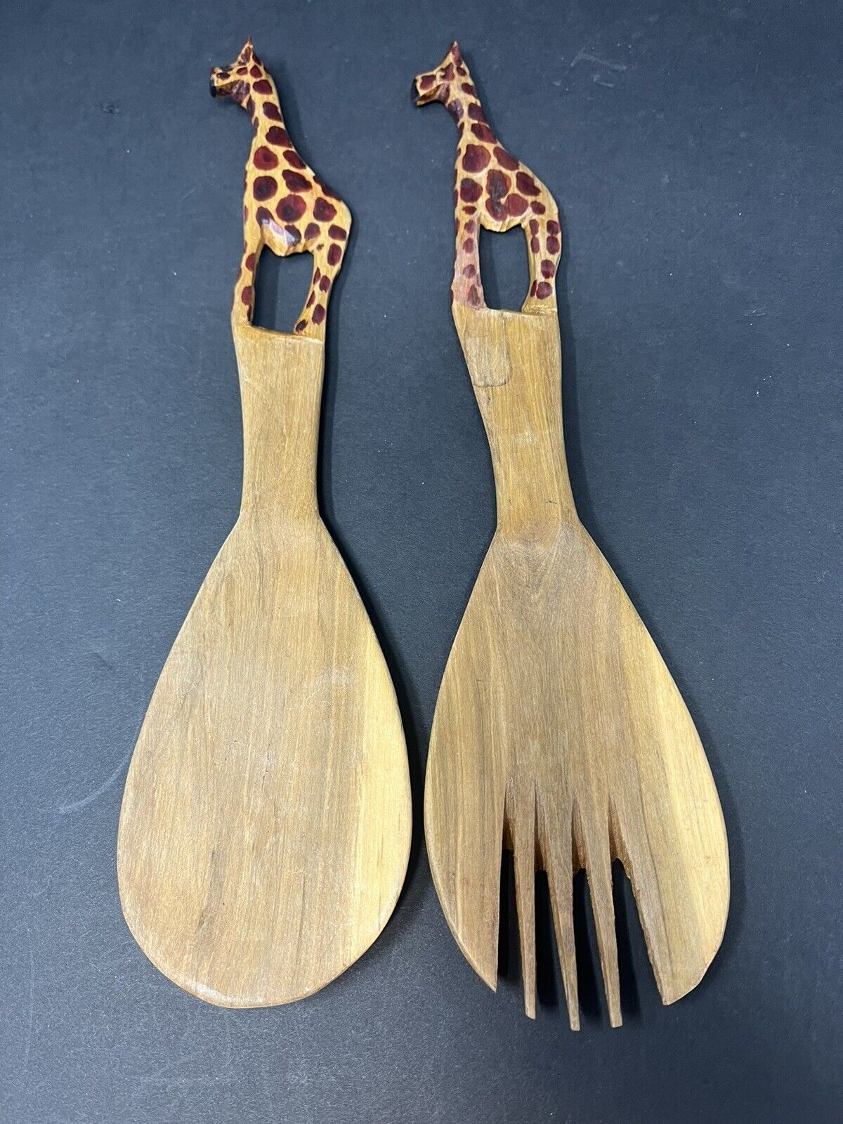 Kenya Artisan Hand-Carved African Giraffe Wood Fork Spoon Salad Server Set