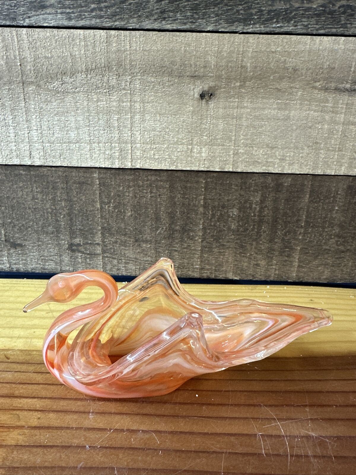 Art Glass Sooner Swan Trinket Dish White Orange 7”
