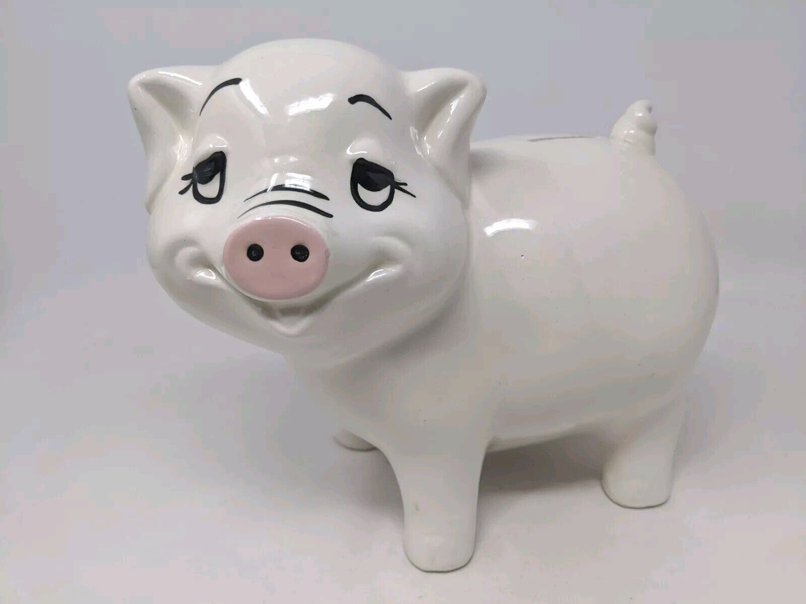 VTG Ceramic Smiling Piggy Bank ~ Black, White & Pink 7.5
