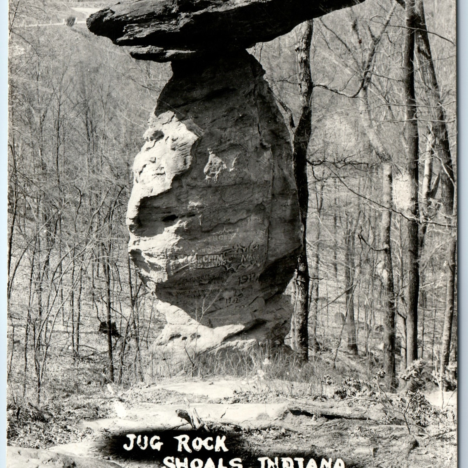 c1950s Shoals, Ind. RPPC Jug Rock Formation Graffiti Ancient Real Photo IN A259