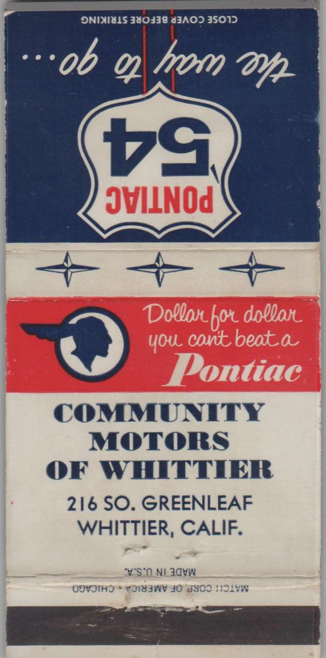 Matchbook Cover - 1954 Pontiac Dealer - Community Motors Whittier, CA