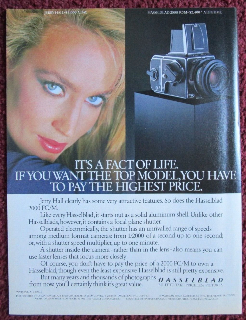 1984 HASSELBLAD 2000 FC/M Camera Print Ad ~ Model JERRY HALL Costs More per Day