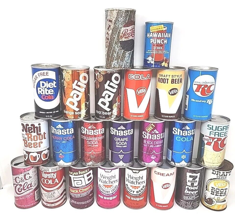 1970's Mix Lot of 23 Steel Empty Soda Pop Can Lot 7