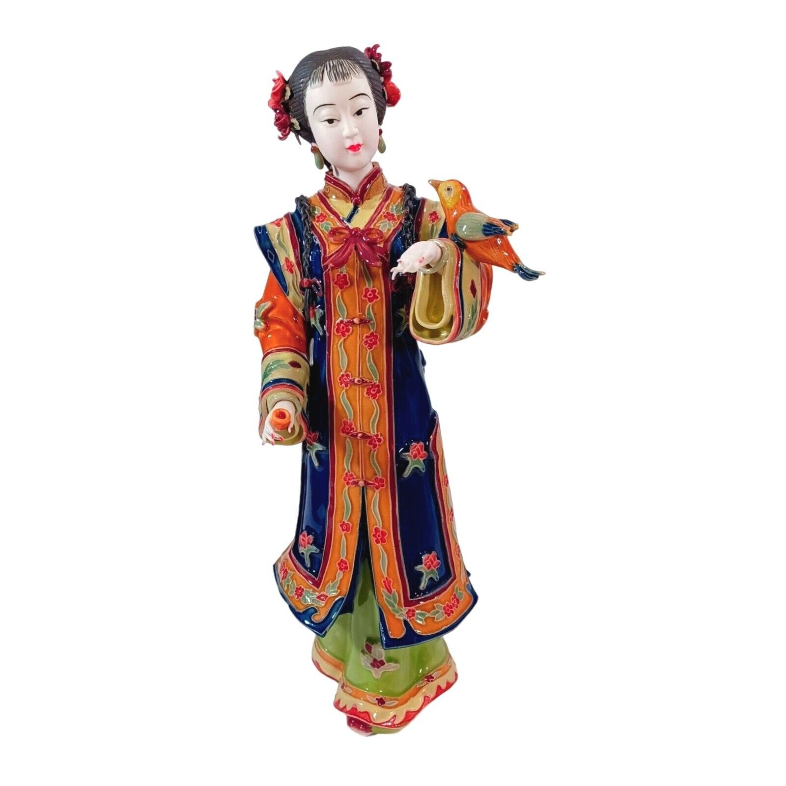 Gorgeous Chinese Wucai Shiwan Clay Pottery Woman Bird Figurine Sculpture Statue