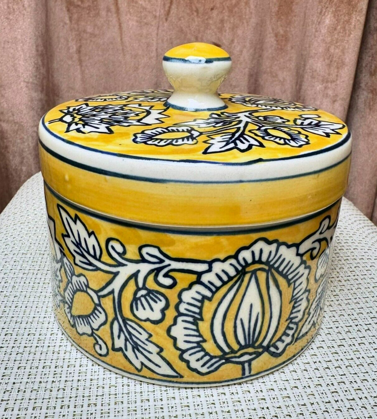 Vintage Ceramic Talavera Container with Lid Yellow & Blue Floral Pattern