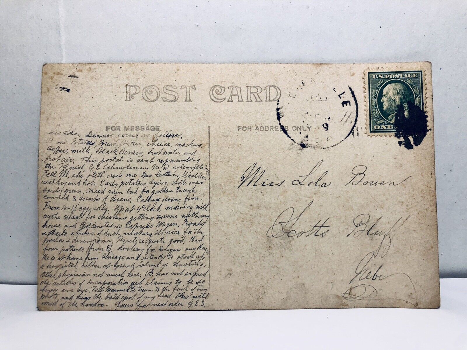 Antique ￼photo Postcard doctors office written message On back & One Cent Stamp