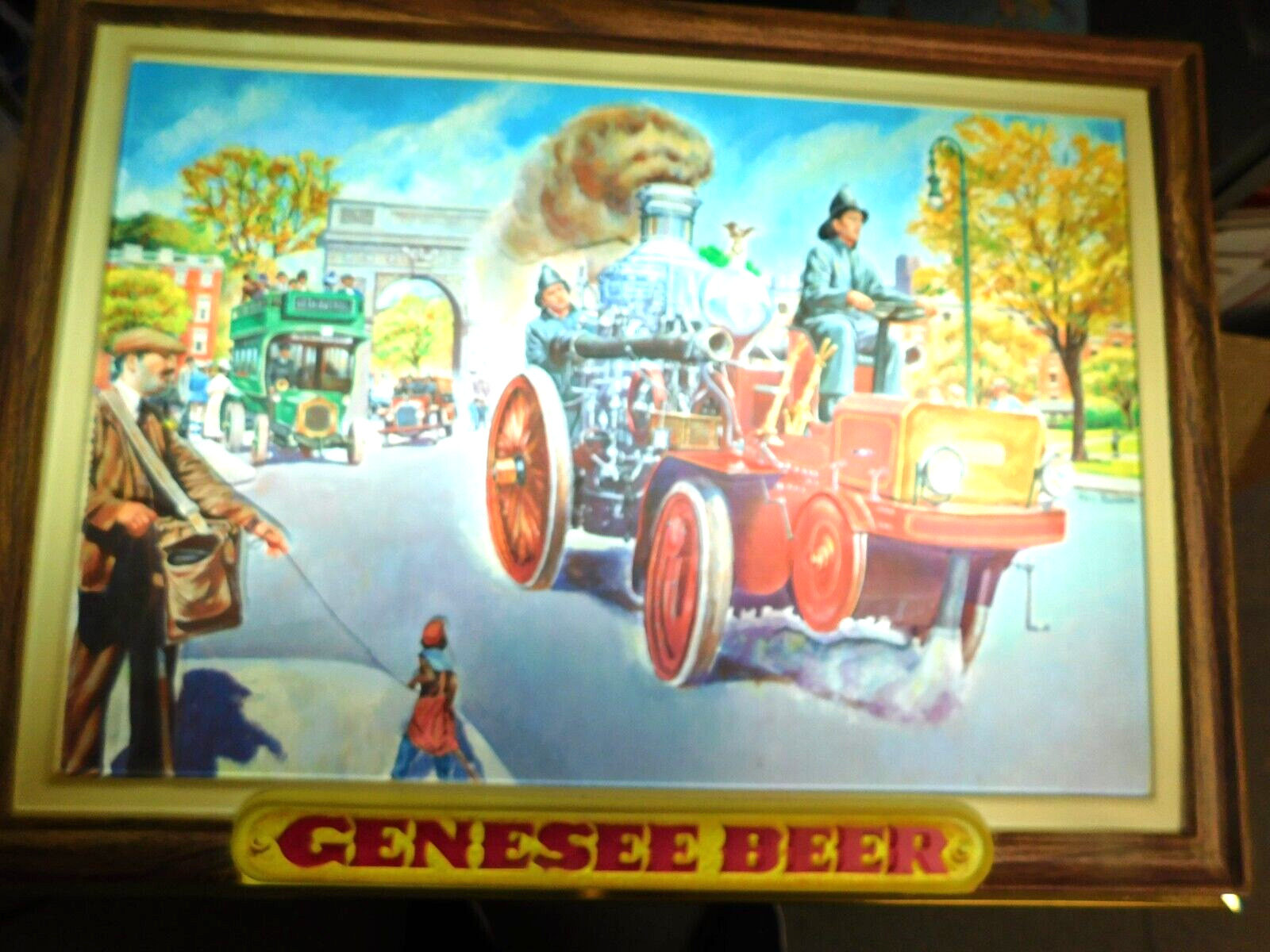 VINTAGE GENESEE BEER SHADOW BOX LIGHT UP SIGN, FIREFIGHTER RESPONDING, A BEAUTY