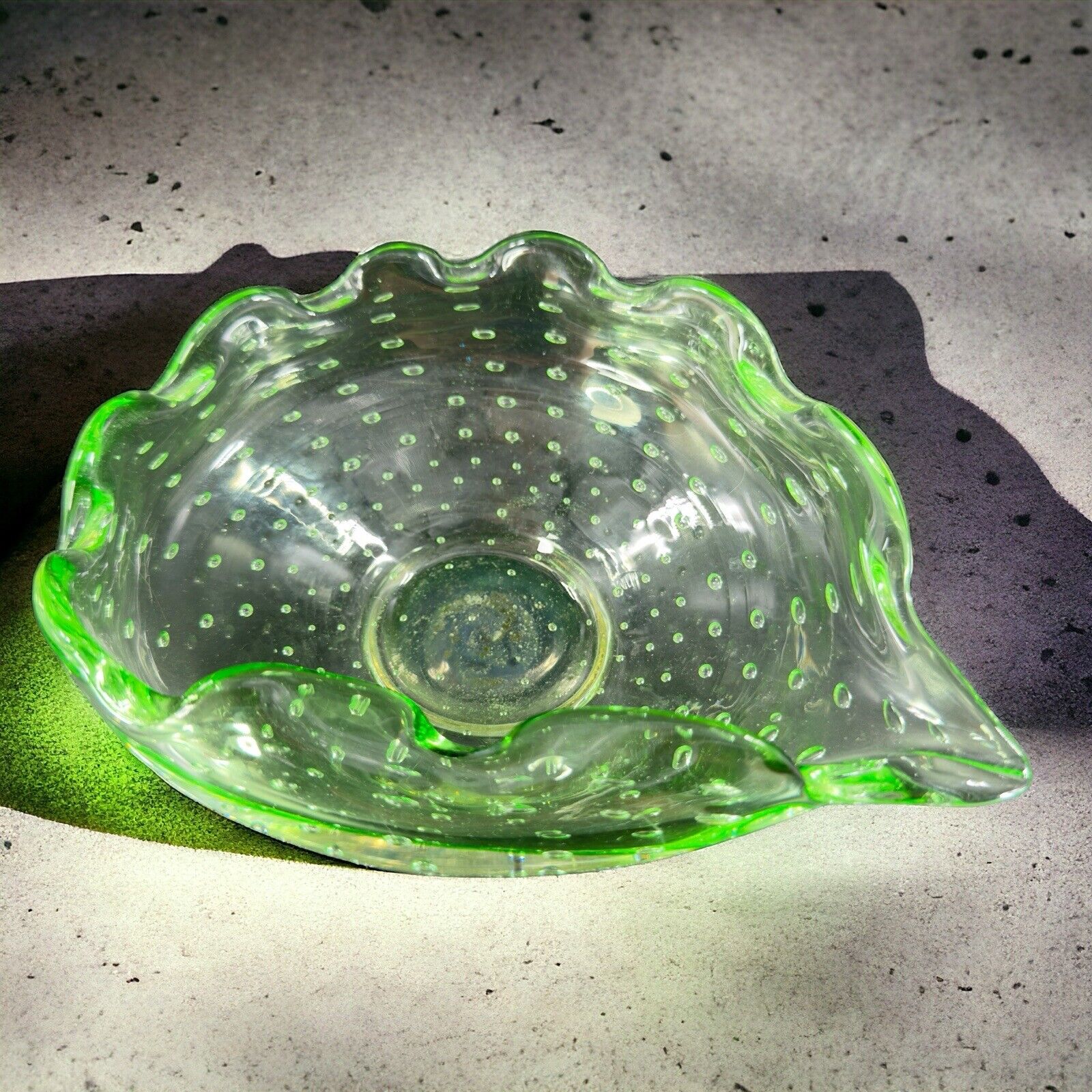 Venetian Art Glass Bowl Dish Green With Bubbles Wavy Edges Italian Glass Decor
