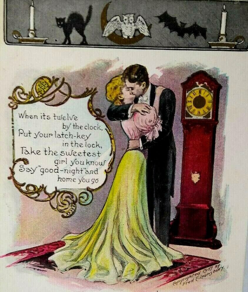 Halloween Postcard Victorian Grandfather Clock Fred Lounsbury 1907 Bat Black Cat