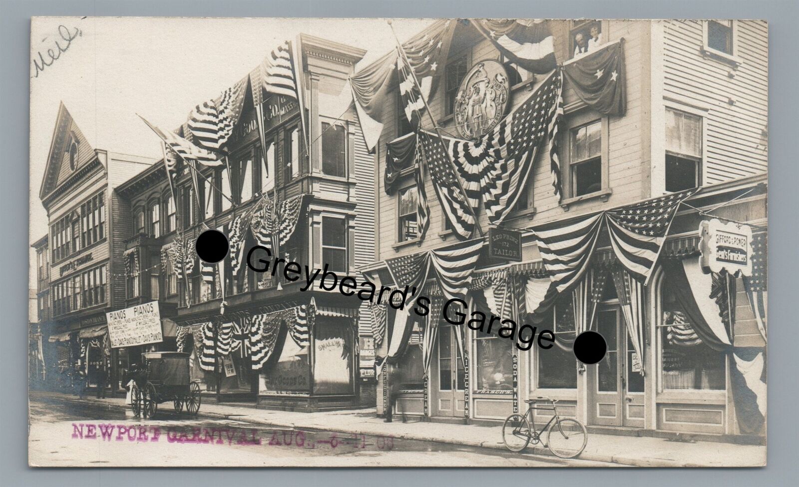 RPPC Carnival Patriotic Piano Store NEWPORT RI Rhode Island Real Photo Postcard