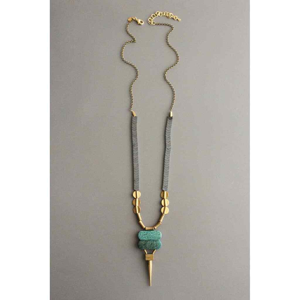 Green turquoise and brass spike geometric necklace