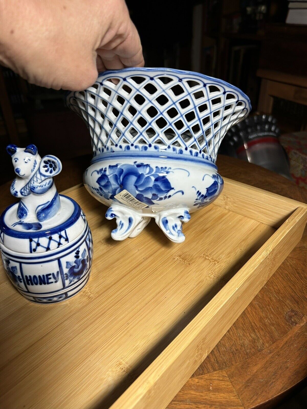 Lot  3 White Blue Porcelain Gzhel Russia Signed Fruit Platter, Honey Jar, Pig Fi