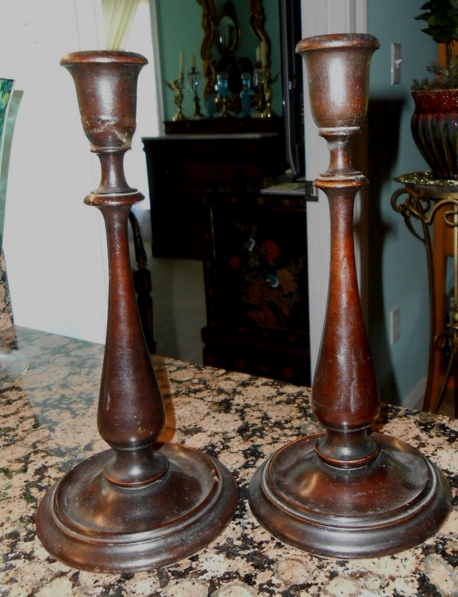 Antiq TREEN Ware Wooden Candle Sticks  11-3/8” Tall American Colonial