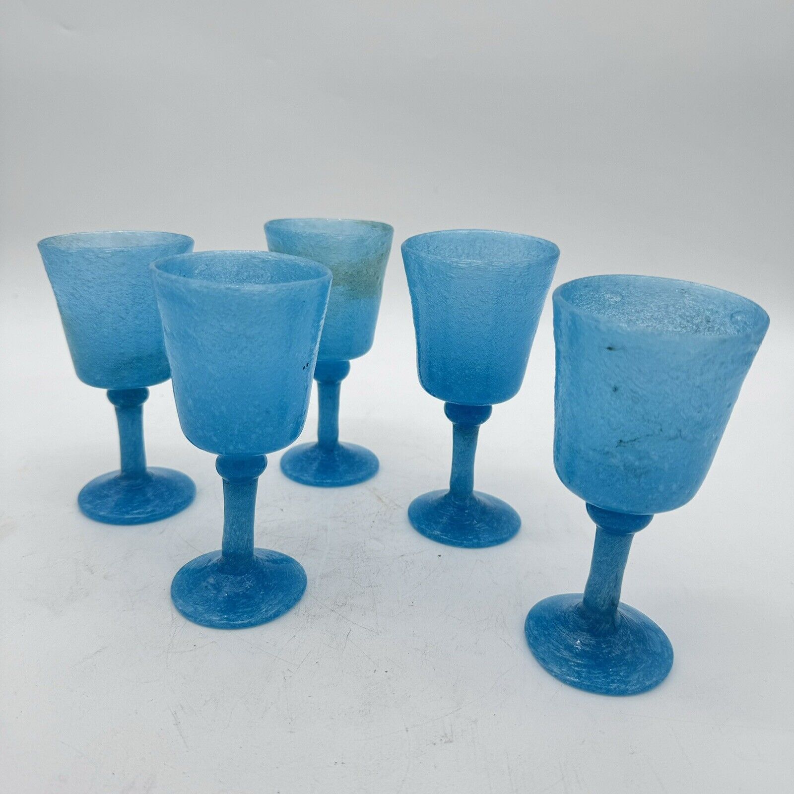 5 Vintage 1930’s Seguso Blue Murano Pulegoso Goblet  Glasses Hard To Find