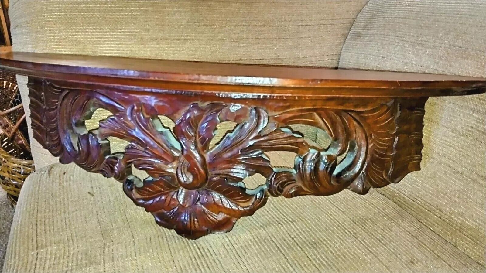 Vintage Antique Ornate French Rococo Hand Carved Dark Wood Wall Bracket Shelf 