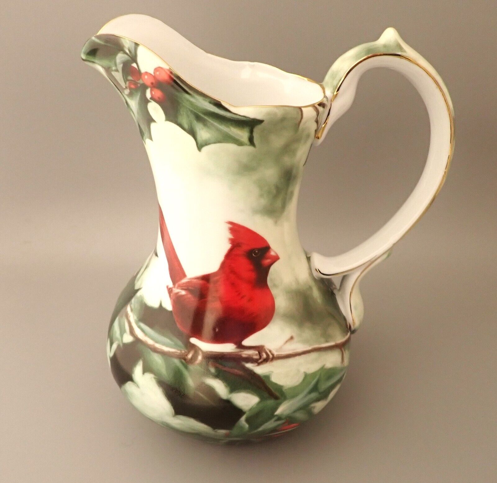 Cardinal In Holly 60 Ounce Ceramic Pitcher Hautman Brothers Collection Gold Trim