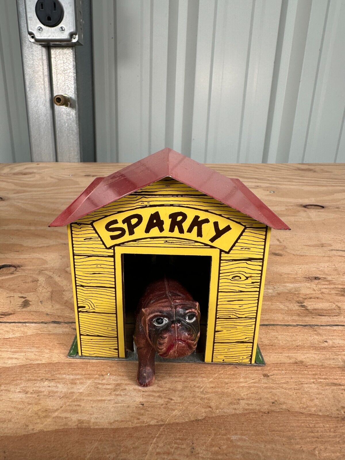 Vintage Sparky Savings Bank Tin Toy Dog & House w/ Original Box Made in USA